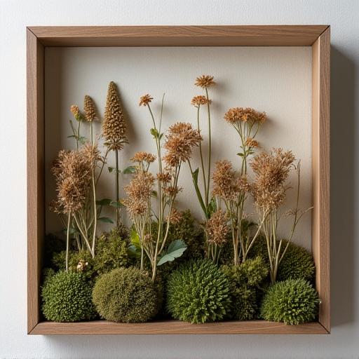 フレームに収められた、苔と乾燥植物で作られた美しいアート作品