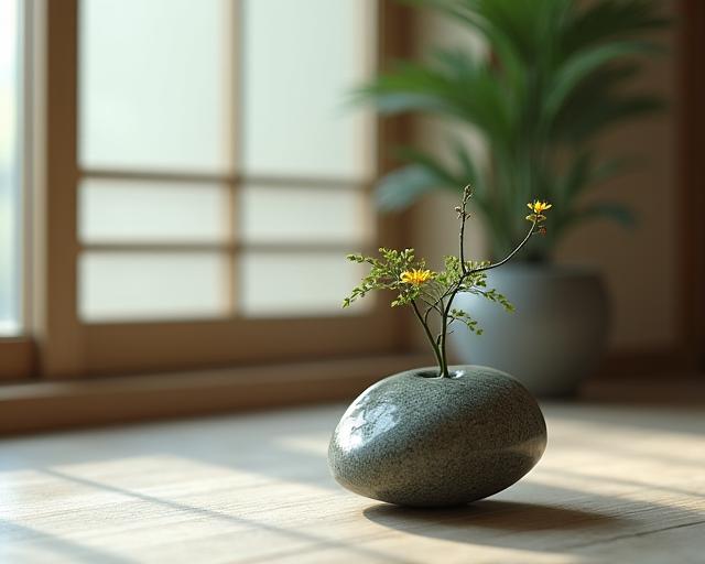 静かな部屋で、石の上に置かれたミニマルな生け花